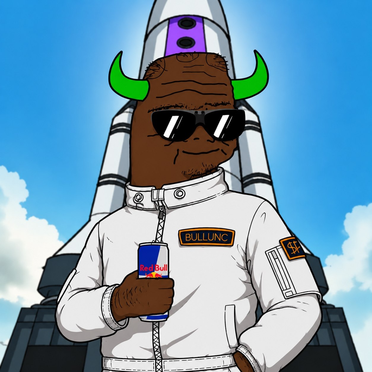 BULLUNC in astronaut suit in front of a rocket.
