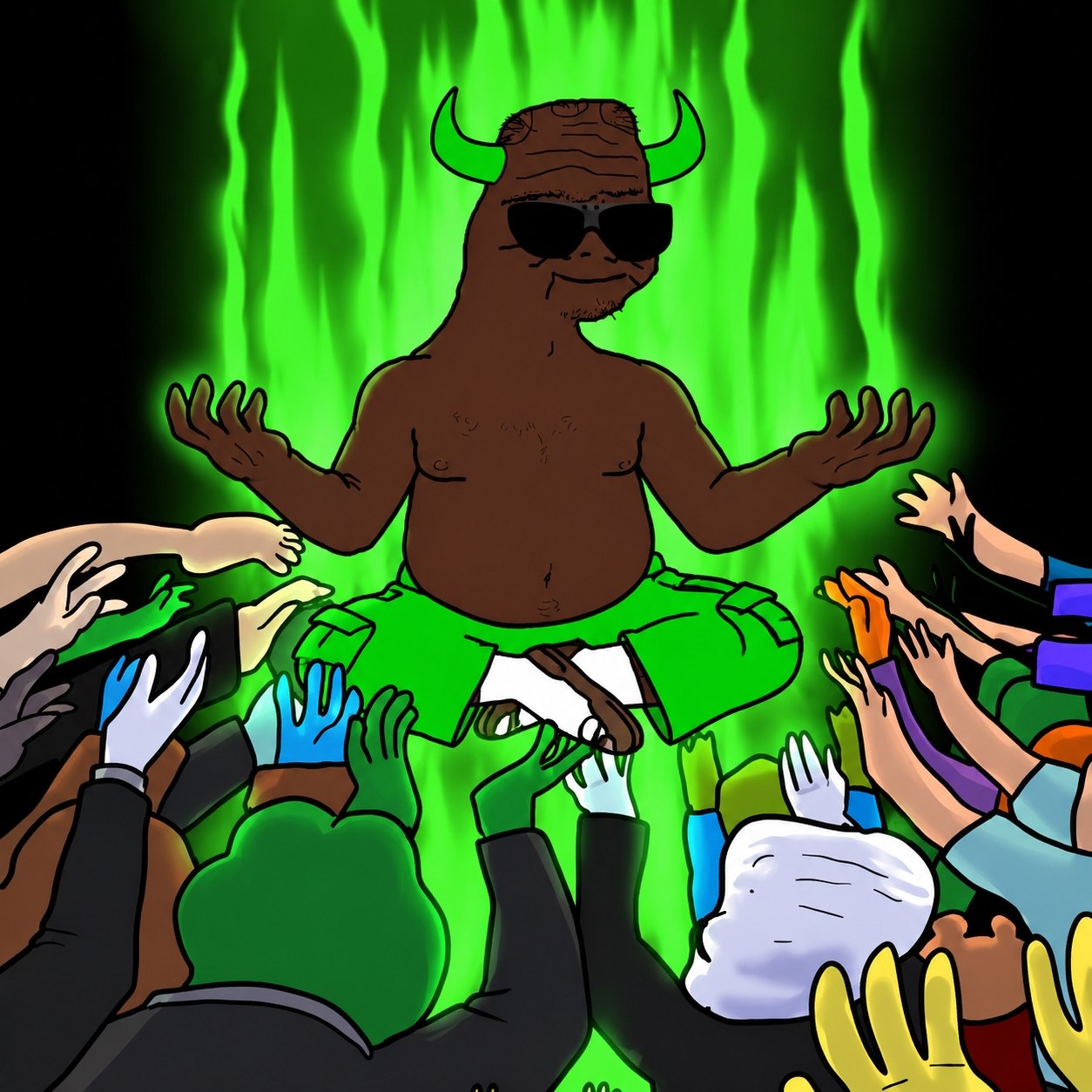 BULLUNC floating with green aura while hands reach up.