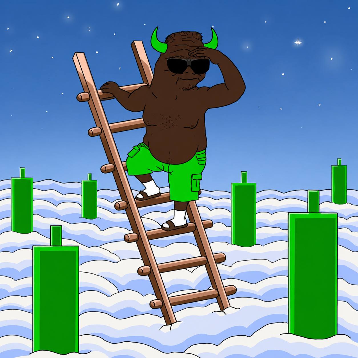 BULLUNC climbing a ladder above green candlesticks.